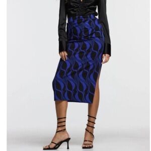 New Zara Ruched Midi Skirt Mid Rise Geometric Print Blue Black Size XL 9557/844